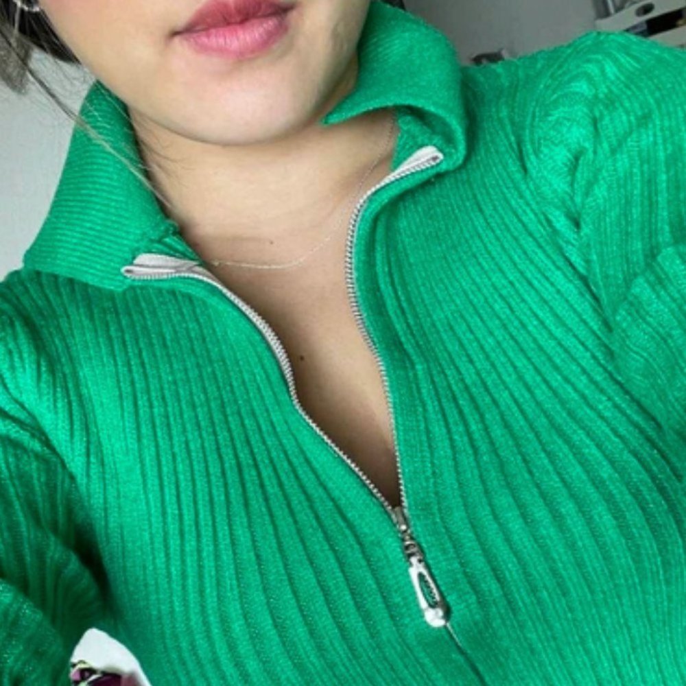 Zip up Front Knit Sweater Cardigan Green - Picture 8 of 10